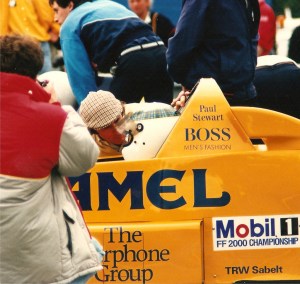 Jackie Stewart at Oulton Park in 1988 with son Paul